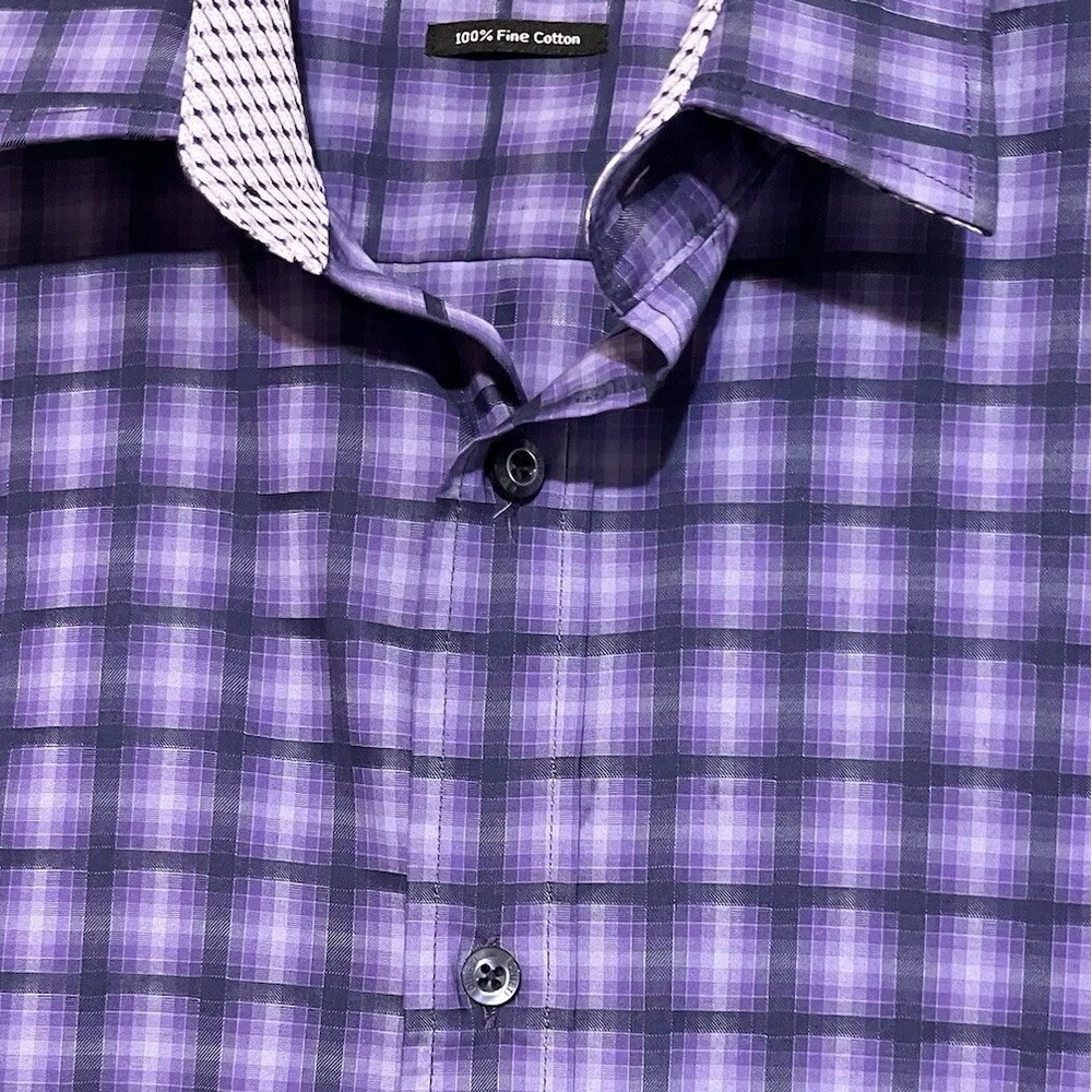 Quieti Men's Long Sleeve Button-Down  Shirt,‎ Purple Check Flip Cuff XL Cotton